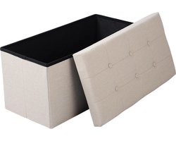 BukkitBow - Opvouwbare Linnen Opbergpoef - Kubus Opbergkist (76X37,5CM) - Cremé/Wit