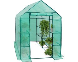 BukkitBow – Polytunnel Tuinkas – Winterproof Tunnel voor Groenten Teelt – Compacte Tuinkas met Groot Luik en 3 Bloemen Planken - 143x143x195CM - Groen