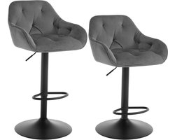 BukkitBow - Set van 2 Barkrukken - Velvet met Metaal - met Voetensteun - Zithoogte: 62,5-84cm - Donker Grijs