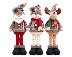 BukkitBow - Winter Decoratie Binnen - 3 Kerstpoppen - Kerstman Pop, Rendier en Sneeuwpop - Pluche Staande Kerstversiering