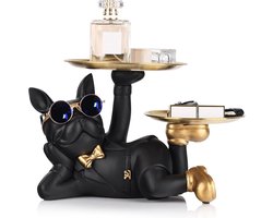 Bulldog Butler standbeeld - met dienblad Franse - 32*21*18cm - Art Sculptuur - Opslag - Modern home accessoire - Twee opbergbakken (elk met een diameter van 14,17 cm) - Zwart Goud - Goede Kwaliteit Resin