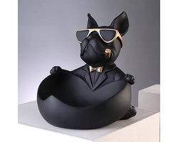 Bulldog Decoratiebeeldje met Sleutelbakje - Hondenbeeldje van Kunsthars voor Hal, Entree, Tafel en Kast - Zwart - Honden Decoratie