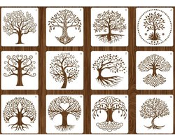 Bullet Journal Plastic Stencils - 12 stuks - Templates - Tree of Life - Bomen - Boom - Levensboom - Mix - Sjablonen - 15 x 15 cm - Handlettering toolkit - Knutselen - Decoratie - Accessoires