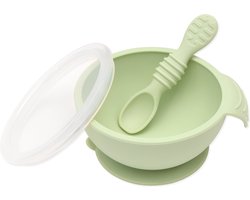 Bumkins Silicone First Feeding Set - Siliconen Baby Eetset met Zuignapkom, Deksel en Lepel - Babyservies voor Eerste Hapjes - Platina Siliconen - Vaatwasserbestendig - Baby Led Weaning BLW - Vanaf 4 Maanden - Kraamcadeau - Sage Saliegroen