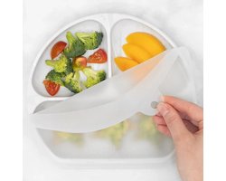 Bumkins Silicone Grip Dish with Lid - Siliconen Vakjesbord met Zuignap en Deksel - Kinderbord en Babybord met 3 Vakken - Handig voor Bewaren en Meenemen - Platina Siliconen - Vaatwasserbestendig - Baby Led Weaning BLW - Marble Grijs Gemarmerd