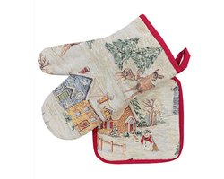 Bundel - Ovenwant en Pannenlap - Gobelinstof - Kerst - Snowy Mountains - rendieren - sneeuw