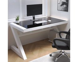 Bureau 100 x 50 x 74 cm – Zwart Glazen Gaming Bureau met Z-Vorm Metalen Frame, Computertafel, Home Office Werkbureau en Laptoptafel met Kabeldoorvoer – Mobili Bella
