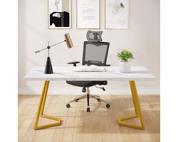 Bureau 140 x 80 cm - Moderne Computertafel in Wit en Goud voor Thuis en Kantoor