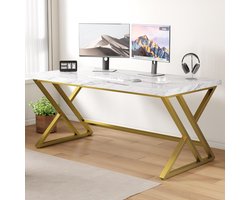 Bureau 140x60x75,5 cm – Luxe Marmerlook Wit/Goud – Industrieel Thuiskantoor & Gaming Bureau met Opbergruimte – Pauwhome
