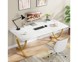 Bureau 160 x 80 cm – modern computertafel met kunstmarmer blad en gouden metalen frame, werktafel / vergadertafel / eettafel voor kantoor en thuiskantoor wit goud – Dader