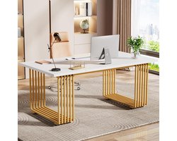 Bureau 180x80x78 cm Wit en Goud Computertafel Moderne Werktafel Vergadertafel Eettafel 6-8 Personen Thuiskantoor – Yesdeals