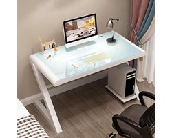 Bureau 79 cm (31 inch) – Modern Glazen Computertafel met Z-Vorm Metalen Frame, Gaming & Home Office Schrijftafel in Wit – Duurzaam Gehard Glas Bureau – Mobili Bella