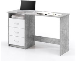 Bureau Adriano 123cm met 3 lades - beton/wit - Emob - Bureau - Grijs; Betonlook - Spaanplaat