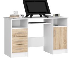 Bureau ANA met 3 Laden / Computerbureau / Computer Tafel / Bureautafel / Wit – Sonoma Eik / 124 x 77 x 52 cm