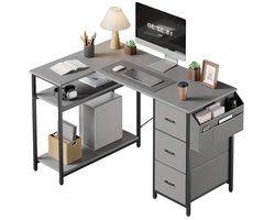 Bureau – Bureautafel – Computertafel – Hoekbureau – Kantoorbureau – L-vormig – 140 cm Breed – 3 Stoffen Lades & Grote Opbergtas – Fiberboard & Stevig X-Balk