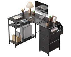 Bureau – Bureautafel – Computertafel – Hoekbureau – Werkplek – L-vormig Design – 3 Stoffen Laden & Grote Opbergzak – Fiberboard Stevige Constructie – 140 x 78 x 74 cm – Zwart