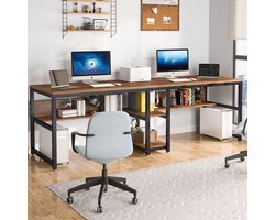 Bureau - Bureautafel - Game Bureau - 78.7" - Dubbele Computertafel - met Boekenplank - Werkstation voor Twee Personen – Ruime Kantoor- & Studiotafel - Chocolade