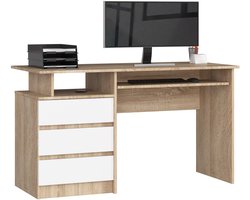 Bureau CLP 135 cm met 3 Laden / Computerbureau / Computer Tafel / Bureautafel / Sonoma Eik - Wit / 135 x 77 x 60 cm