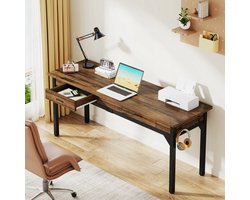 Bureau – Computerbureau – Bureautafel – Schrijftafel – Dubbel bureau – Extra Lang 200 cm – Stevig Metalen Frame – 2 Laden & 2 Haken – Chocoladebruin