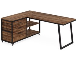 Bureau - Computerbureau - Computertafel - Werkbureau - Hoekbureau met lades - Werkbureau voor Thuis & Kantoor - Industrieel Bureau met opbergruimte en planken - Groot hoekcomputerbureau
