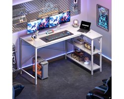Bureau - Computerbureau - L-vormig computerbureau - Houten bureau met open planken - L-vormige hoektafel - Met opbergplank - 120 x 80 x 73cm studeertafel - Houten hoektafel met opbergruimte - Wit computerbureau