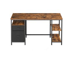 Bureau Computerbureau Schrijftafel 60x140x76cm Vintagebruin+Mat Zwart Met verstelbare poten 3 planken en 2 lades Minimalistisch industrieel design Stevig duurzaam metalen frame Eenvoudig te monteren Geschikt voor thuiskantoor en studeerkamer