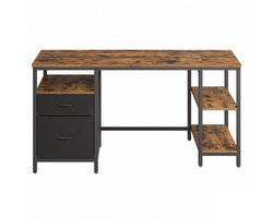 Bureau Computerbureau Schrijftafel 60x160x76cm Vintagebruin+Mat Zwart Met verstelbare poten 3 planken en 2 lades Minimalistisch industrieel design Stevig duurzaam metalen frame Eenvoudig te monteren Geschikt voor thuiskantoor en studeerkamer