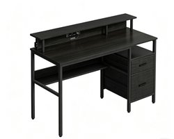 Bureau Computerbureau Zwart 55 x 135 x 90 cm, Bureau met Stopcontacten en USB, Monitorstandaard, LED Verlichting, Opbergruimte, Lades, Gaming Bureau, Thuiswerkplek, Schrijftafel, Metalen Frame, Multifunctioneel, Kantoor, Slaapkamer