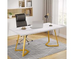 Bureau, computertafel, 140 x 80 x 75 cm, kantoortafel, werktafel, eettafel, kantoormeubels, computertafel, vergadertafel voor thuiskantoor, wit en goud