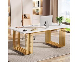 Bureau, computertafel, 180 x 80 x 78 cm, moderne bureautafel, pc-tafel, werktafel, eettafel met goudkleurige poten, voor thuiskantoor, thuis, bureau, vergadertafel (wit en goud)
