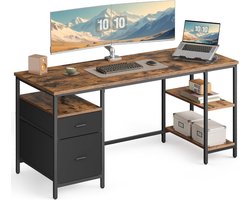 Bureau, computertafel, bureautafel, met 3 legplanken | Bureautafel met 3 planken, 2 laden, 160 x 60 x 76 cm, rustiek bruin en mat zwart, LWD105K01V1