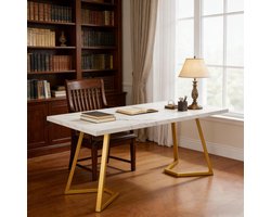 Bureau - Computertafel Met Marmerlook Blad En Verstelbare Voetdoppen - Voor Thuiswerkplek En Kantoor - Hout En Metaal - 140x80x75 Cm - Wit Goud