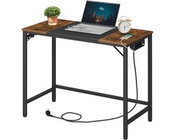 Bureau, computertafel, thuiskantoortafel met laadstation, tweekleurig tafelblad, 3 haken, industrieel, metalen frame, voor werkkamer, woonkamer, retrobruin en zwart