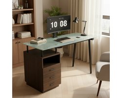 Bureau Computertafel Werkbureau - Met Glazen Blad En 3 Laden Bruin