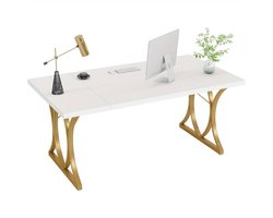 Bureau – Computertafel – Werktafel – Kantoortafel – Eettafel – Wit Met Gouden Metalen Frame – 159x79x78 cm – Stevig En Verstelbaar