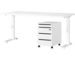 Bureau en ladekast met slot Hermoso | 217x80x71-91cm | handmatig verstelbaar | Wit - Germania - Bureau - Wit - MDF; Metaal