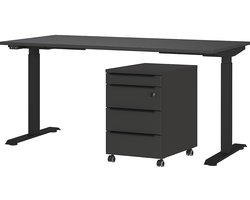 Bureau en ladekast met slot Hermoso | 217x80x72-118cm | elektrisch verstelbaar | Grafiet - Germania - Bureautafels - Antraciet - Metaal; Spaanplaat