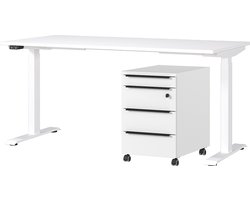 Bureau en ladekast met slot Hermoso | 217x80x72-118cm | elektrisch verstelbaar | Wit - Germania - Bureautafels - Wit - Metaal; Spaanplaat