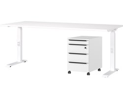Bureau en ladekast met slot Hermoso | 237x80x71-91cm | handmatig verstelbaar | Wit - Germania - Bureautafels - Wit - Metaal; Spaanplaat