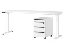 Bureau en ladekast met slot Hermoso | 237x80x72-118cm | elektrisch verstelbaar | wit - Germania - Bureautafels - Wit - Metaal; Spaanplaat