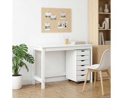 Bureau- en rolcontainerset Moss van massief hout, 112 x 50 x 75 cm, werkplek met 6 laden voor kantoor en woonkamer, wit