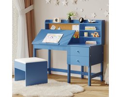 Bureau- en stoelset voor kinderen - Houten studietafel - Verstelbaar kantelbaar tafelblad - Lades en kurkbord - Schoolbureauset voor kinderen - voor jongens en meisjes - Leeftijd 3-8 jaar - Blauw