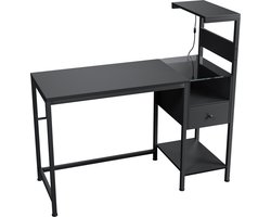 Bureau - Game Bureau - Computerbureau met stopcontact en opbergplanken - Tafel met USB-poorten en oplaadstation - Zwart - Computertafel