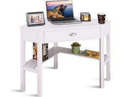Bureau, Hoekbureau, Houten L-vormig computerbureau, Compacte Schrijftafel met Lade & Planken, Ruimtebesparend Werkstation, Laptop PC hoek Tafel Meubilair voor thuiskantoor (Wit)