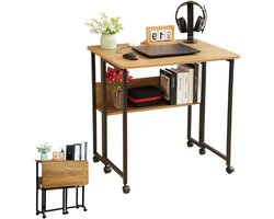 Bureau Inklapbaar - Opvouwbaar Computer Met Wieltjes - Kleine Computertafel Met Plank - Ruimtebesparende Bureautafel - Laptop Opvouwbare Tafel Voor - 80 Cm Breed (Eikenkleur)