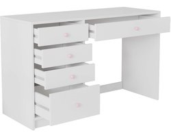Bureau kaptafel bureau computerbureau met roze handgrepen en 5 lades modern minimalistische stijl kind en volwassene geschikt stevig en duurzaam eenvoudig te reinigen en te monteren geschikt voor studie, werk en slaapkamer 120×45×74cm wit