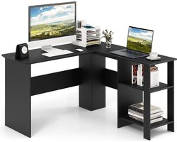 Bureau L-vorm, hoekbureau met 2 kabeldaten en opbergvakken, hoektafel, computertafel, kantoortafel voor thuis of op kantoor, 130 x 130 x 74 cm (zwart)