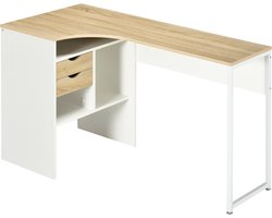 Bureau L-vorm - hoekbureau met opbergruimte - 120 x 60 cm - bureautafel - computertafel met 2 lades en 3 open vakken, pc-tafel - wit + licht eiken