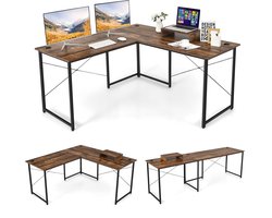 Bureau L-vorm, omkeerbaar hoekbureau met monitorstandaard, hoektafel met 3 kabeldoorten, gaming computertafel kantoor voor thuiskantoor, 150 x 150 x 74 cm (rustiek bruin)
