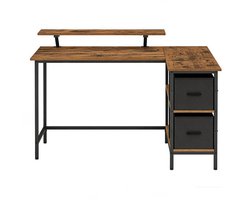 Bureau L-vormig 105 x 135 x 89,5 cm Vintagebruin, Hoekbureau met 2 Laden, Verstelbare Plank en Poten, Computerbureau, Gamingbureau, Werktafel, Thuiskantoor, Studiekamer